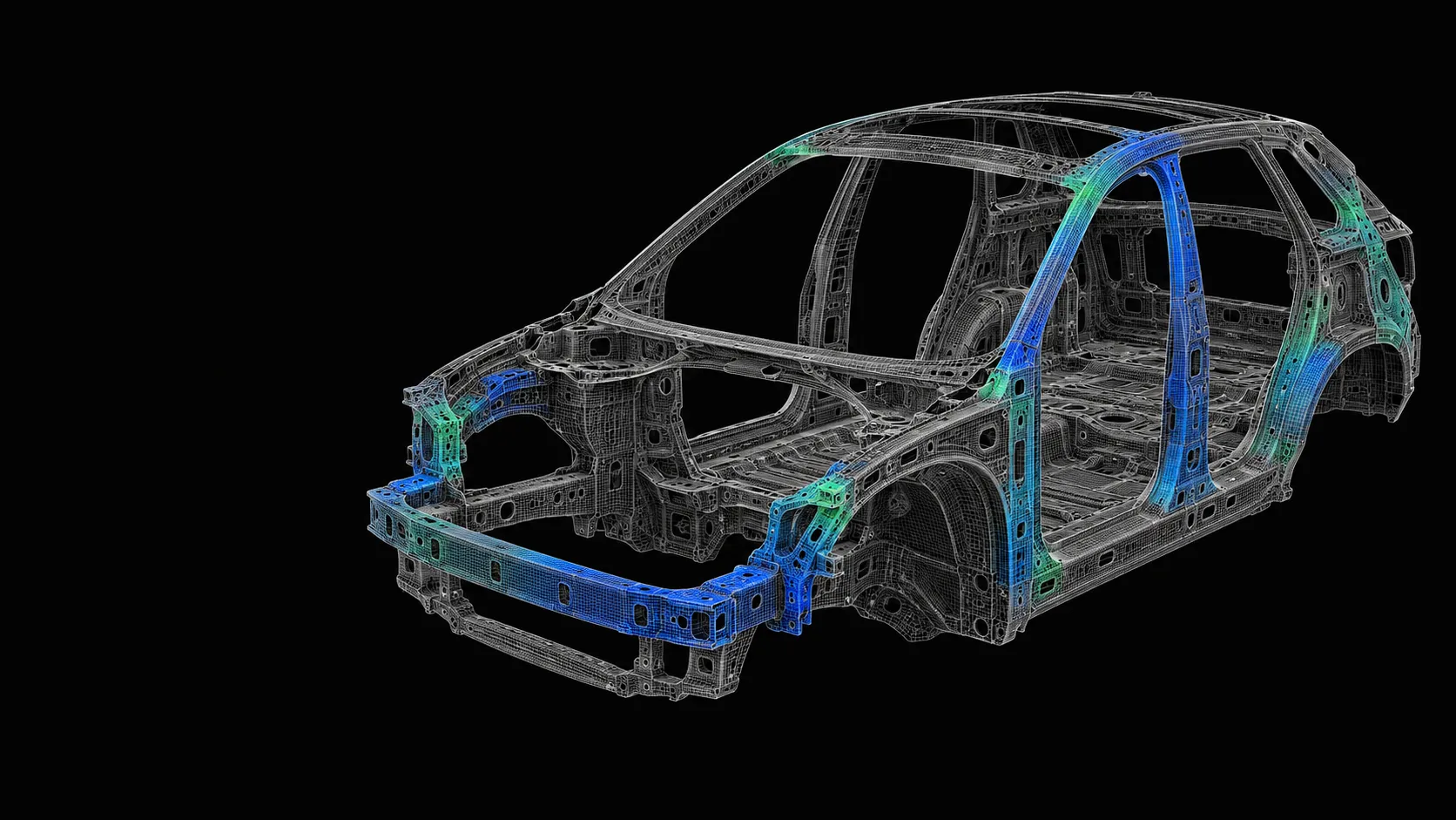 Car body-in-white rendered as a finite-element mesh with stress contours